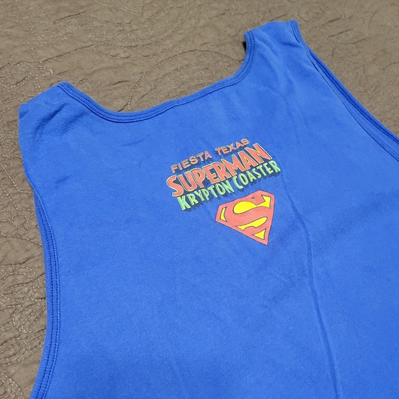 Six Flags Fiesta Texas SUPERMAN Ride Roller Coaster sleeveless blue tShirt XL - Picture 5 of 10